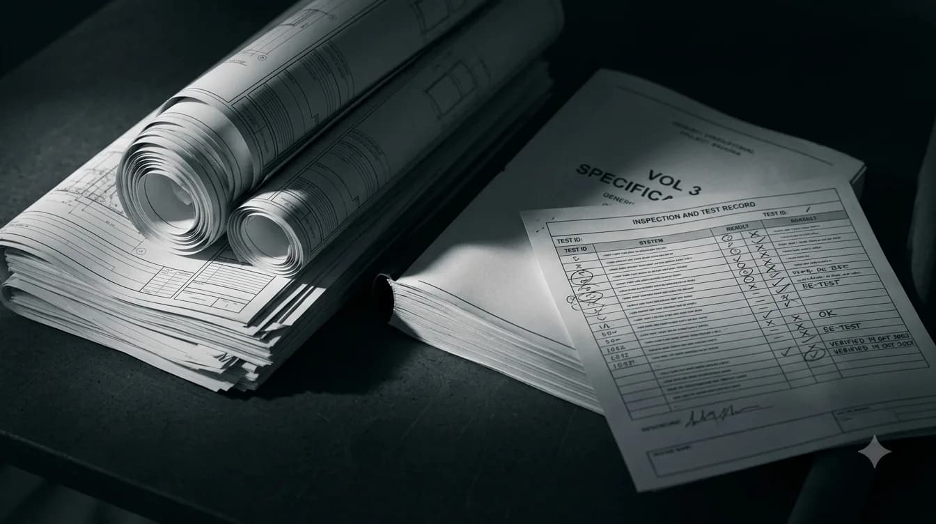 Rolled construction drawings and a marked-up inspection and test record